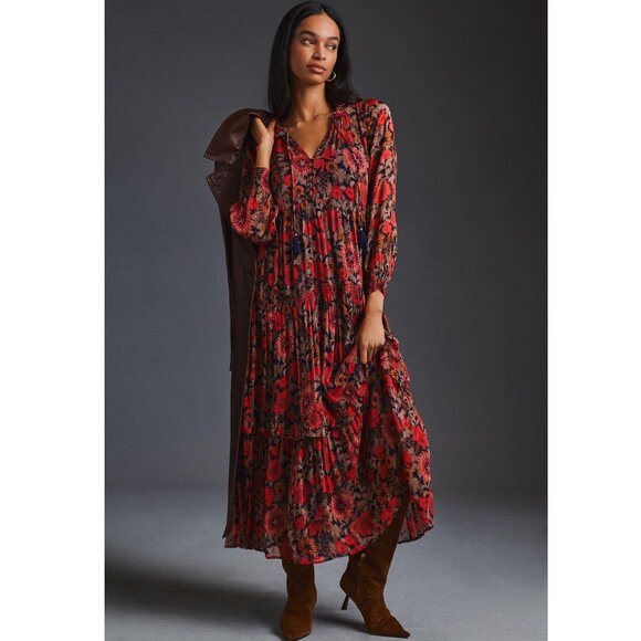 Anthropologie The Marais Printed Chiffon Maxi Dress / Large / Red Motif Floral - Picture 1 of 12